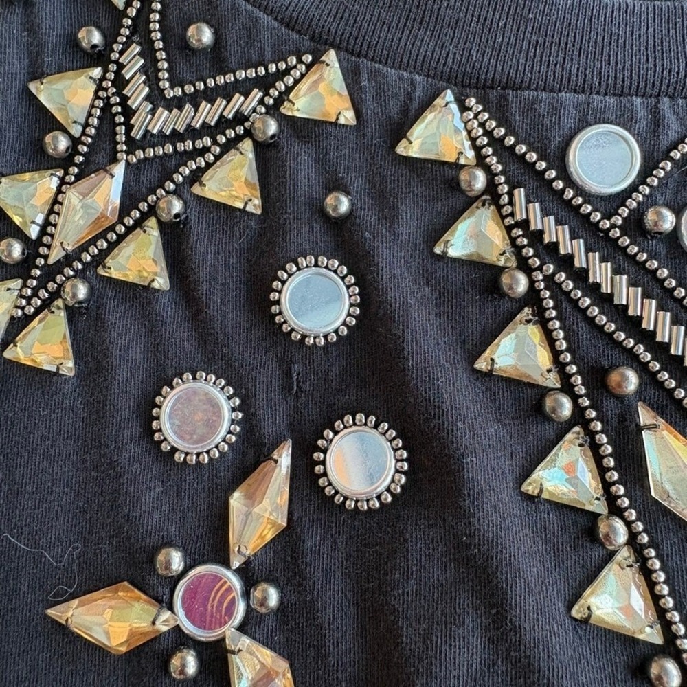 Sandro Paris Black Embellished Beaded Jewel Neck Short Sleeve T-Shirt No Size - Picture 12 of 13
